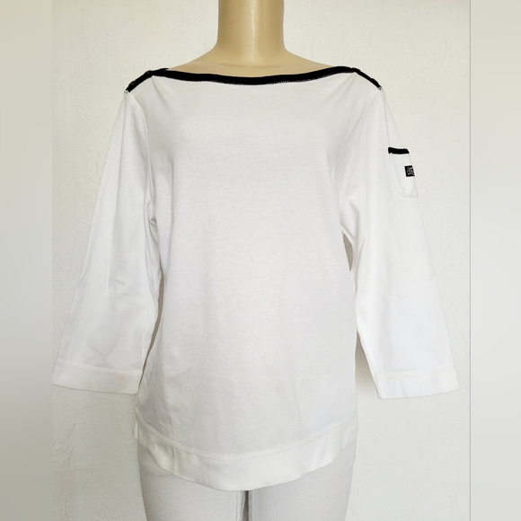 Lauren Ralph Lauren Womens Organic 100%Cotton 3/4 Sleeves Top White/Navy XL - Picture 4 of 16
